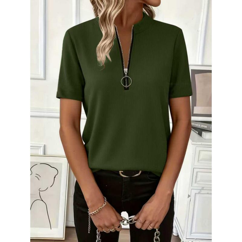 Womens Ribbed Knit Half Zip T Shirt With Stand Collar Short Sleeve Casual Slim Fit Top
