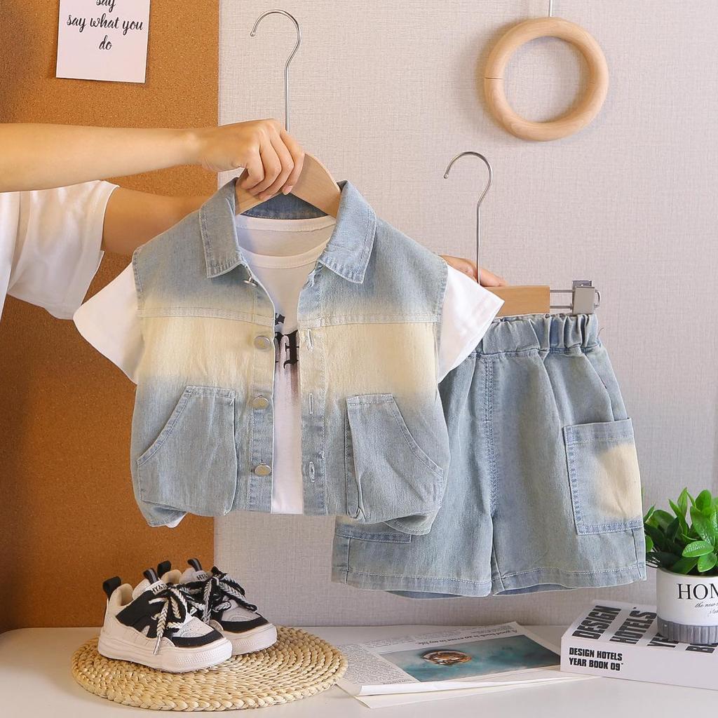 Boys' Korean Style Three-Piece Summer Set: Denim Vest, Stylish Double Pocket, Cool Street Fashion Short Sleeve.