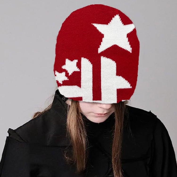 Women Knit Beanie Hats Warm Ear Protector Hat Teens Jacquard Star Handmade Hat