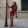 European and American Autumn and Winter Women's Clothing Semi-turtleneck Sexy Long-sleeved Waist Slim-fitting Hip-wrapped Split-ended Dress