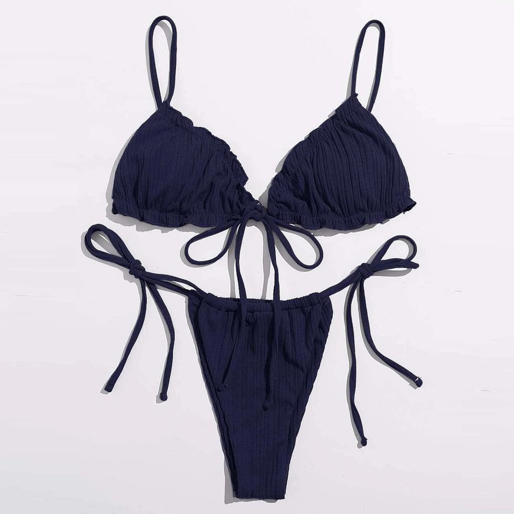 Women's Two Piece Bikini Set Adjustable Strappy Triangle Top and Tie Side Bottoms Textured Fabric Swimsuit for Beach Pool Swimwear