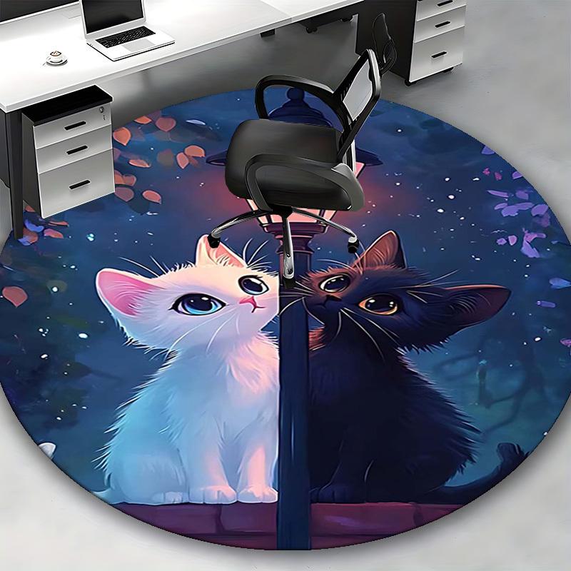 1pc Anime Design Round Carpet Cute Cat Couple with Heart Shaped Light Fixture, Office Chair Mat, Non Slip Rug for Home Decor