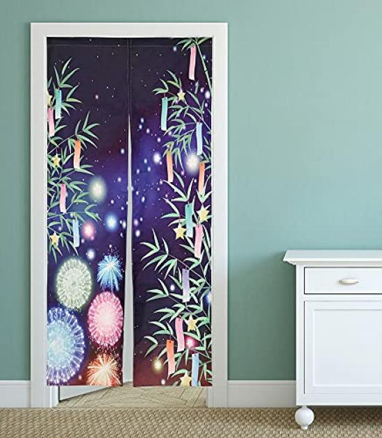 Tanabata Summer Noren Curtain with Bamboo and Tanzaku Milky and Starry Sky Long Length Japanese Modern Tension Rod Room Interior Privacy Screen