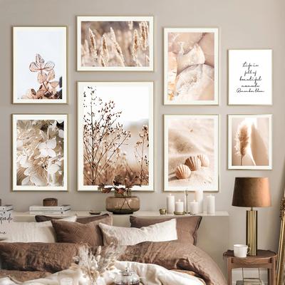 Beige Dried Flowers Pink Wall Poster Print Beach Shell Wall Art Canvas Life Motto Painting Art Decoration Living Room Pictures