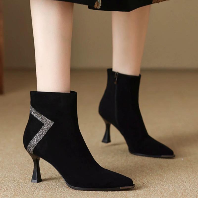 Stiletto Pointed Toe Scrub Sheepskin Fall/Winter 2026 Rhinestone High Heel Women's Cotton Temperament Booties