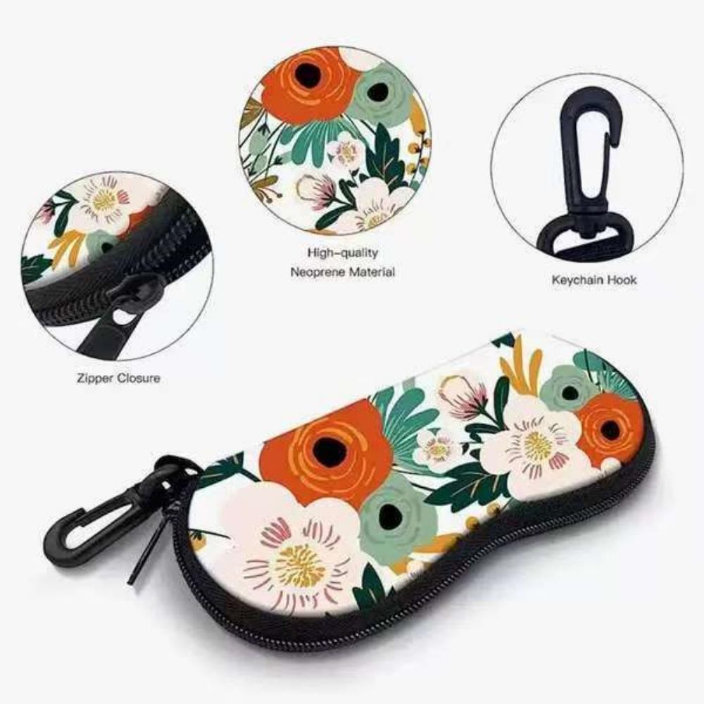 Portable Floral Sunglasses Case with Carabiner Ultra Light Waterproof Eyeglass Pouch Zipper Glasses Organizer for Women Men