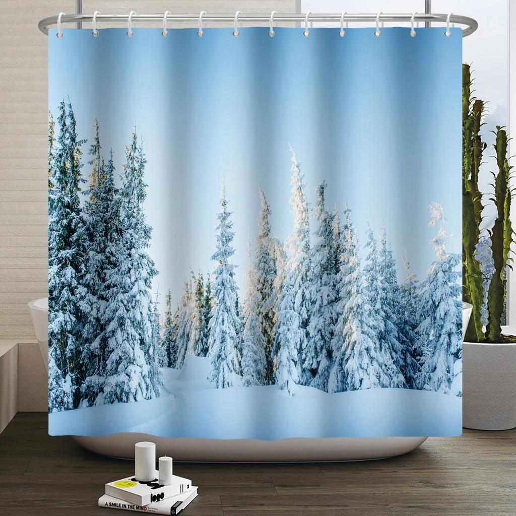 Christmas Shower Curtain Xmas Tree Winter Forest Snow Cute Snowman Bathroom Shower Curtain Waterproof Bath Curtain With Hook