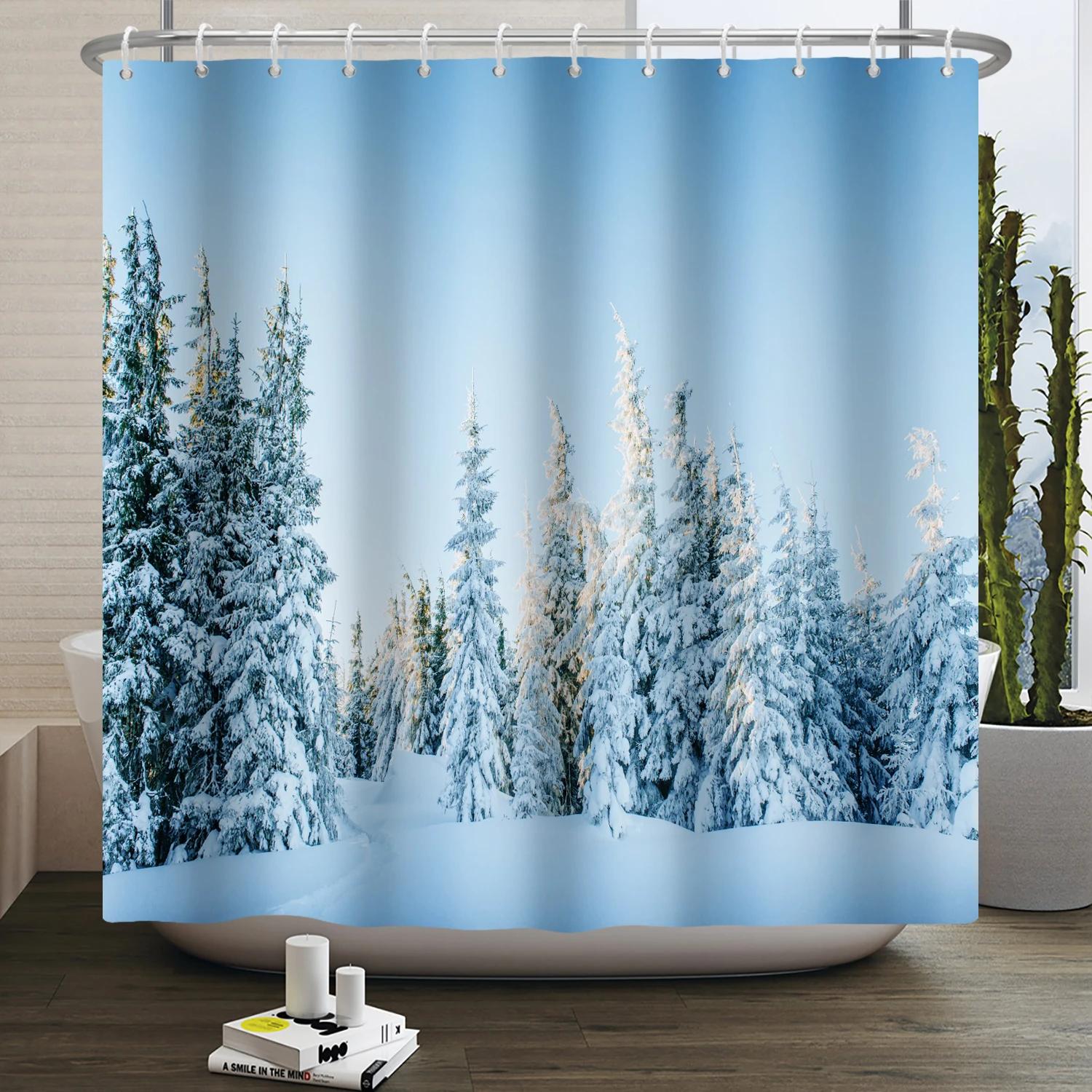 

Winter Christmas Shower Curtains Natural Forest Snow Landscape Home Bathroom Curtain Waterproof Washable Bathtub Screen Decor W60H190(CM)-1 Pcs