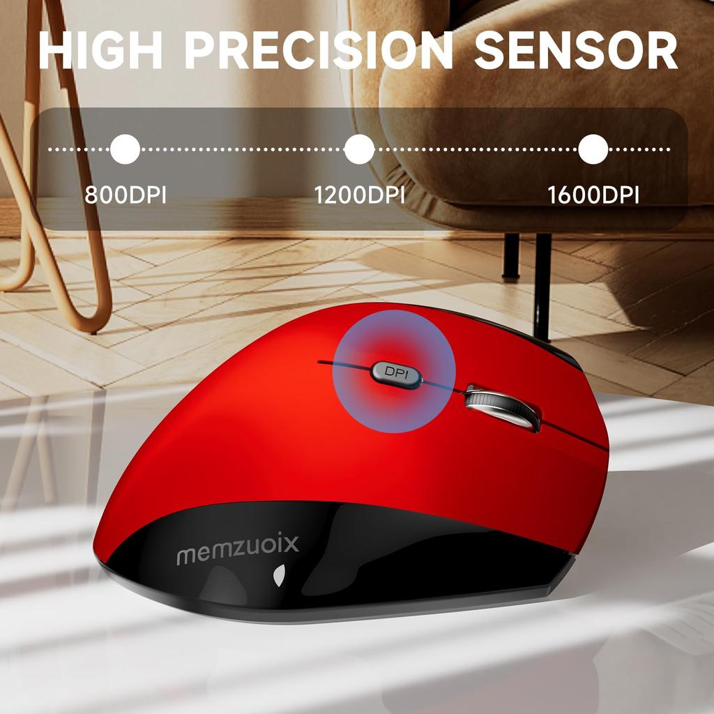 Memzuoix Large Vertical Ergonomic Wireless DPI USB Receiver Compatible with and Desktops Classic Red Mouse, 2.4G, Multi-Button, Optical, Cordless,
