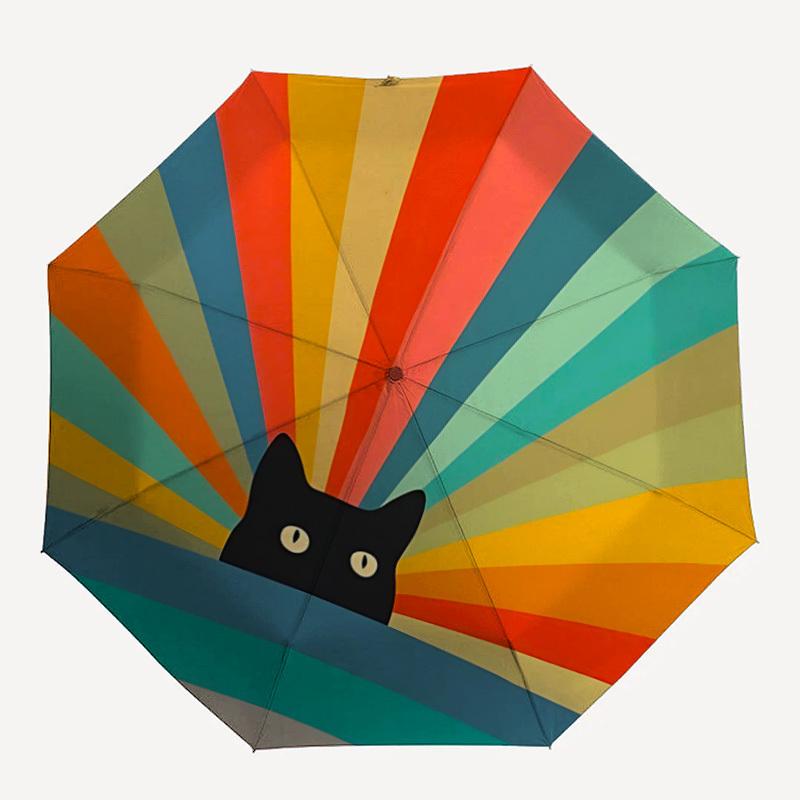 1PC Cat Rainbow Automatic Windproof Umbrella 8 Rib Portable Folding Black Iron Frame for Outdoor, Beach, Travel, Beach Umbrella,S43