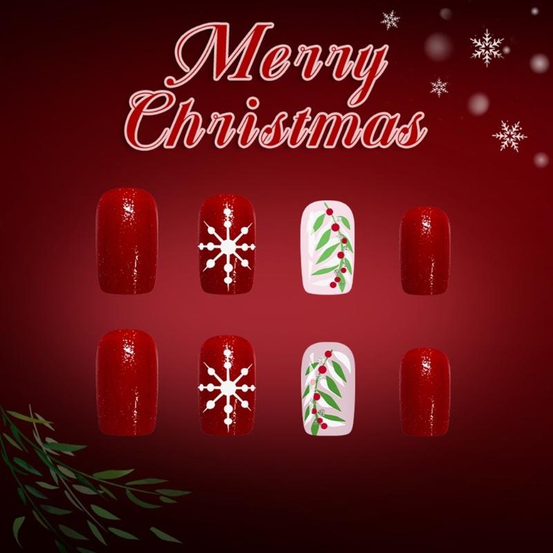 Festive Red Glitters White Snowflake Artificial Nail 24PCS Press On Nail For Christmas Event And Gatherings Decors