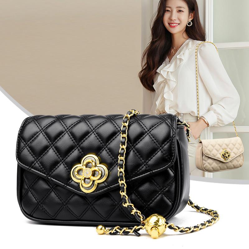 Trendy Women's Bag Soft Leather Texture Chain Bag for Women's Fashion Versatile One-shoulder Crossbody Small Square Bag Embroidered Diamond Bag