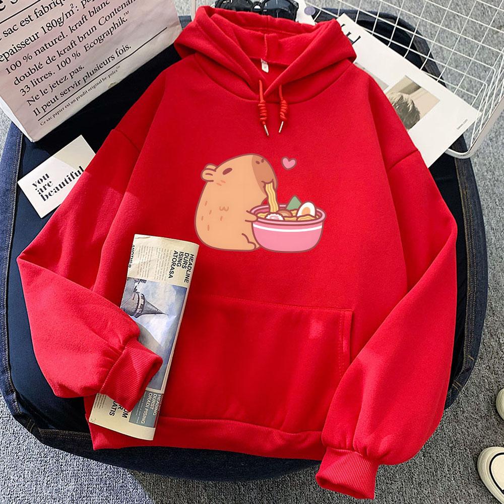 Cute Capybara Eating Ramen Hoodies Kawaii Cartoon Graphic Printing Sweatshirts Winter Hooded Pullovers Sudaderas Para Mujer Girl