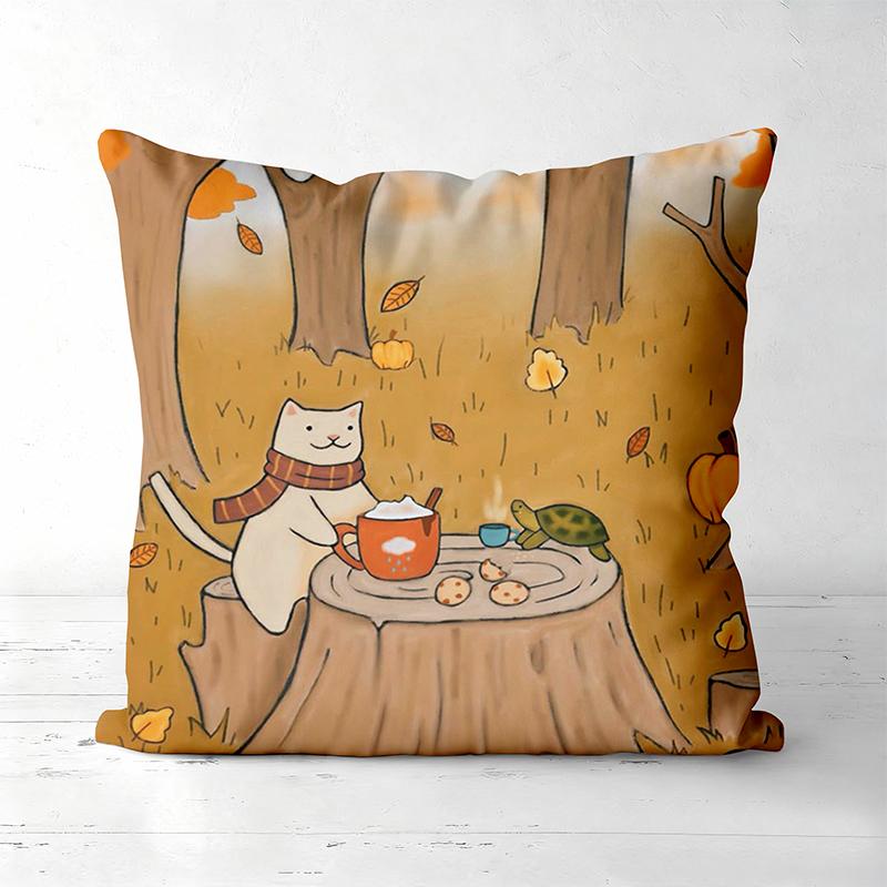 Autumn Cat Pattern Decorative Throw Pillow Cover D Printed Polyester Sofa Cushion Case for Home Living Room Decor