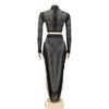 Sexy Rhinestone Mesh See-through Long Sleeve Slit Two-piece Nightclub Dress