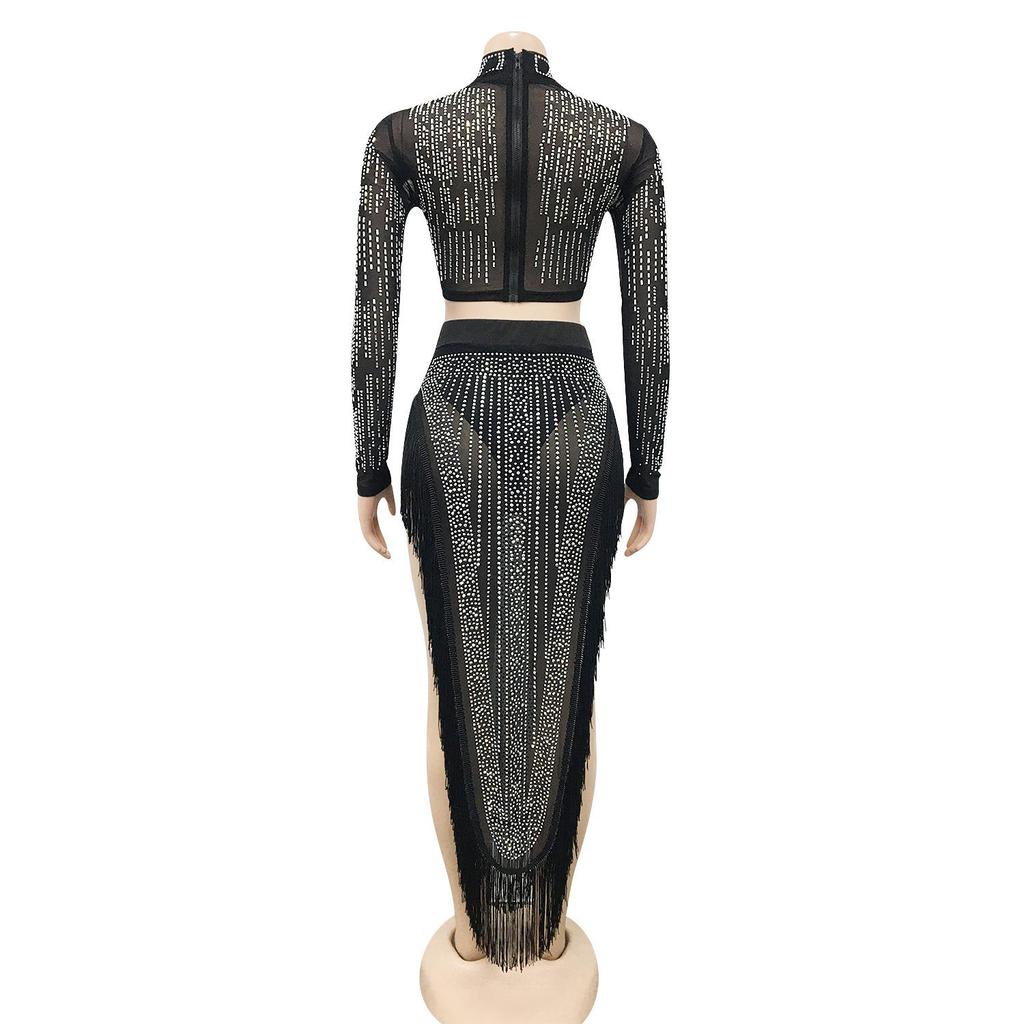 Sexy Rhinestone Mesh See-through Long Sleeve Slit Two-piece Nightclub Dress