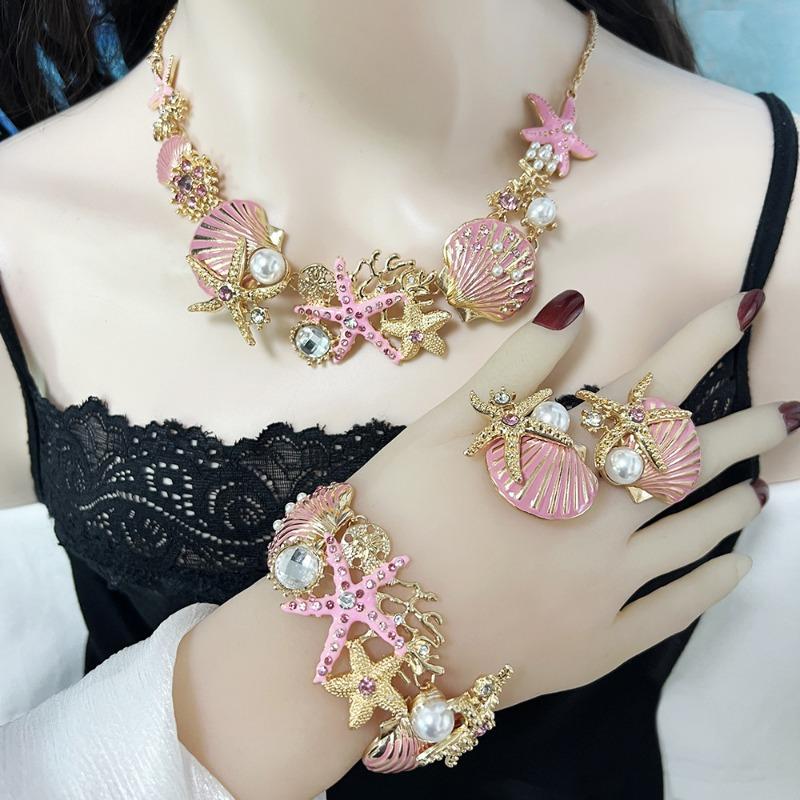 Island style beach starfish vacation four-piece set chain alloy diamond-encrusted bohemian shell jewelry