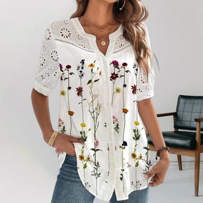 V-neck Short Sleeve Hollow Lace Stitching Single-breasted Women Shirt Summer Floral Print Loose