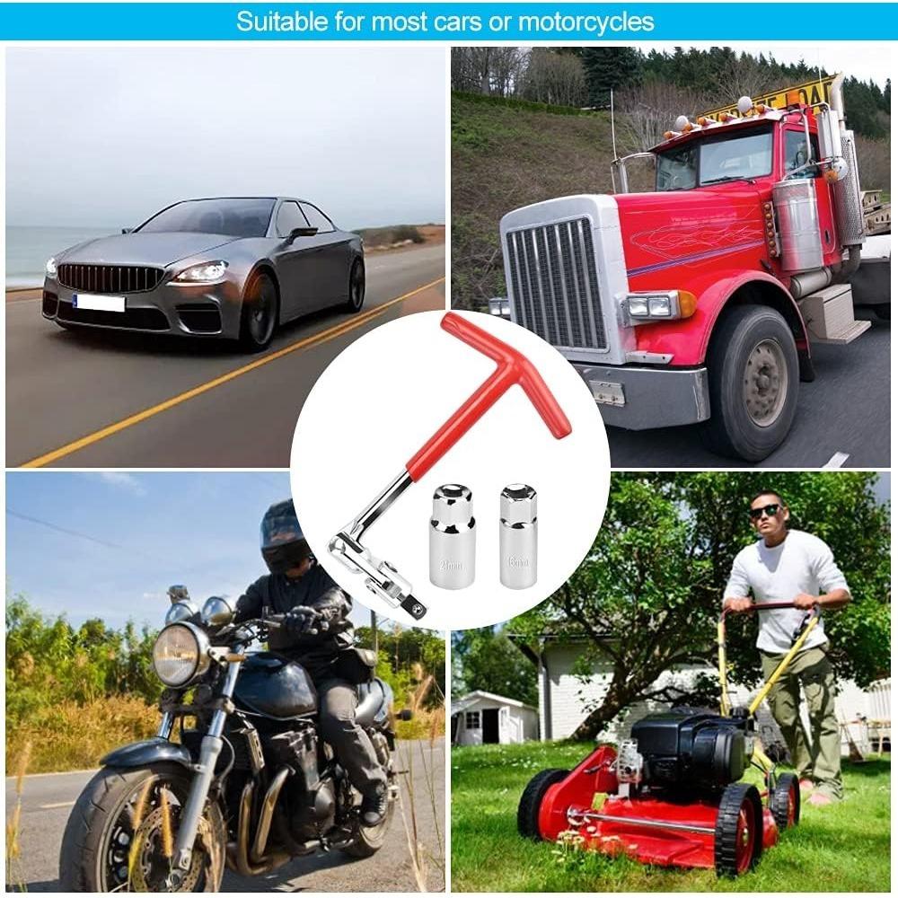 Spark Plug Spanner with 2 Spark Plug Inserts 16/21mm Candle Wrench T-Handle Wrench Set Spark Plugs Joint Wrench Tool Set for Car & Motorcycle