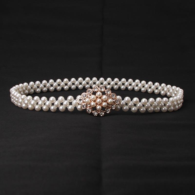 "Women's Fashion Pearl Rhinestone Elastic Waist Belt"