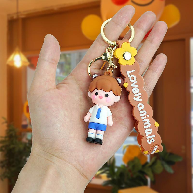 Charming Braided Girl Keychain Boy Girl Figurine Couple Creative Cartoon Rubber Key Ring Bag Charm