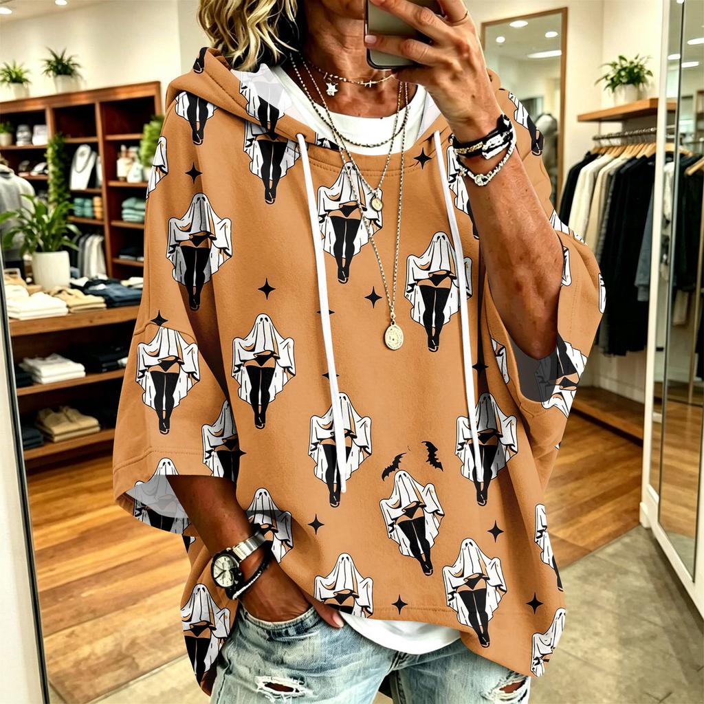 Women's Hoodie with Halloween Print, Loose Fit Casual Pullover Top