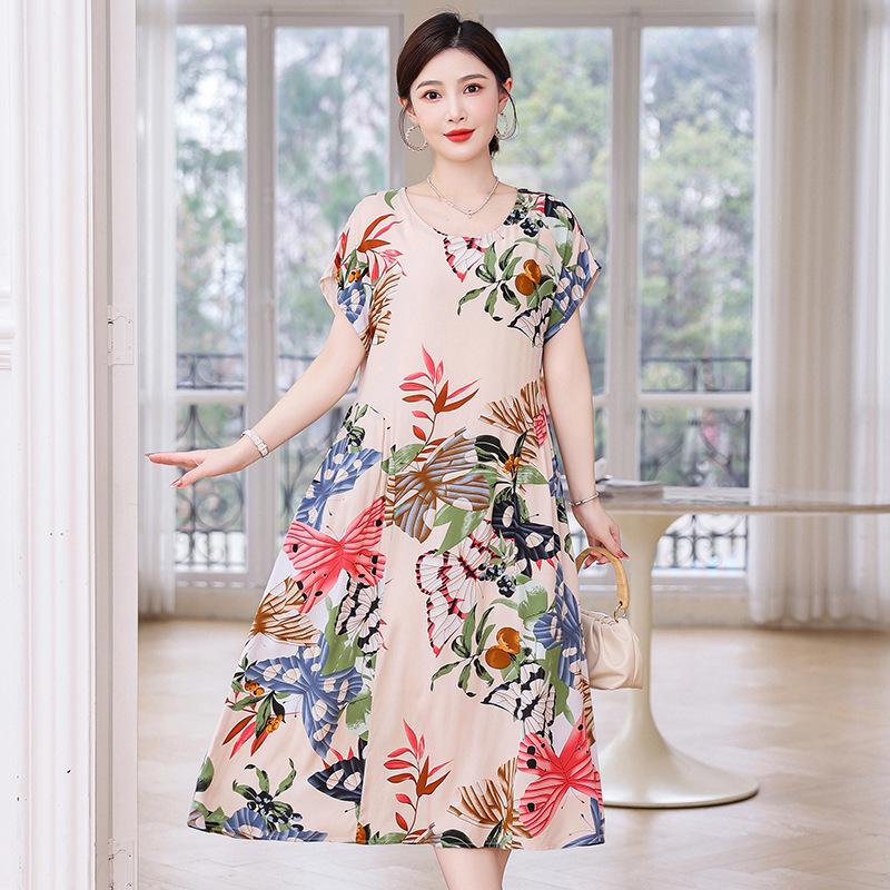 

Plus Size Short-Sleeved Cotton Silk Dress for Middle-Aged & Elderly: Lightweight Printed Summer Skirt 4XL for 150-165 lbs