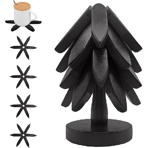 Natural Wooden Trivets for Hot Dishes - Tree Shape Trivet Set - 4 Wooden Trivets + 1 Stand - Stackable Christmas Tree Design (Walnut Wood)