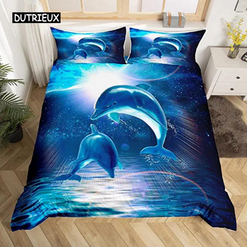 Delfin Seaworld Bettbezug Mikrofaser Meeresschildkröte Unterwasserwelt Grau Delfin Ozeanblau zur Dekoration Kind Jungen Mädchen Erwachsene