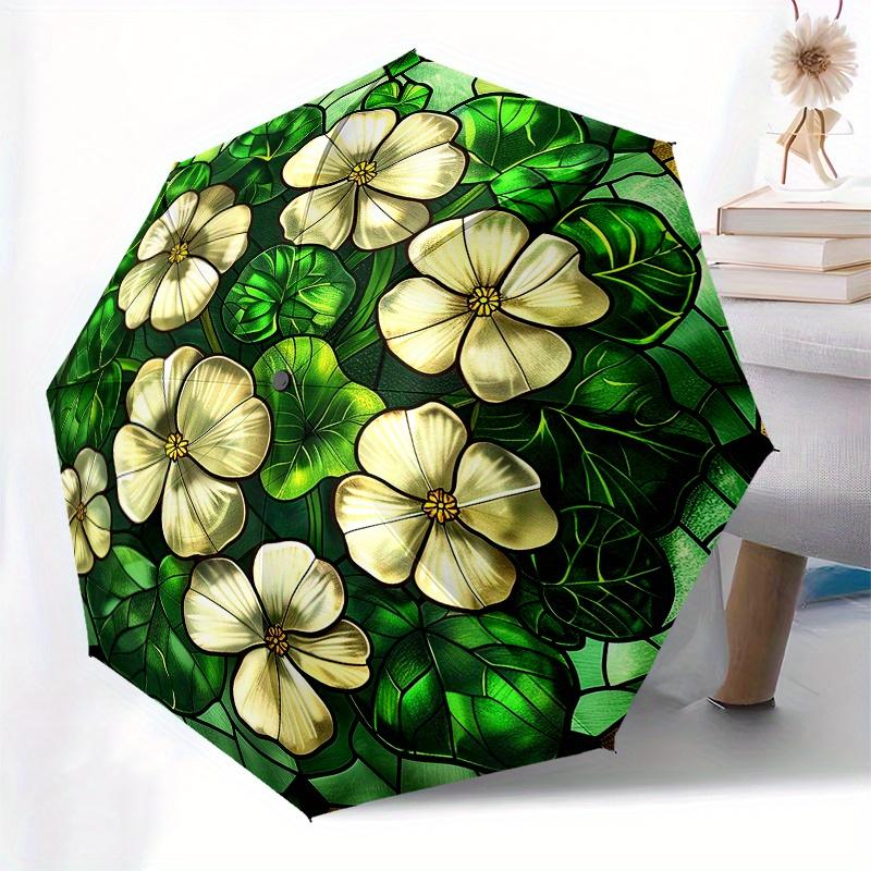 Stained Cute Window Panel with White Flowers and Green Leaves Decorative Artwork for Home or Garden (Circular) Umbrella - Cute
