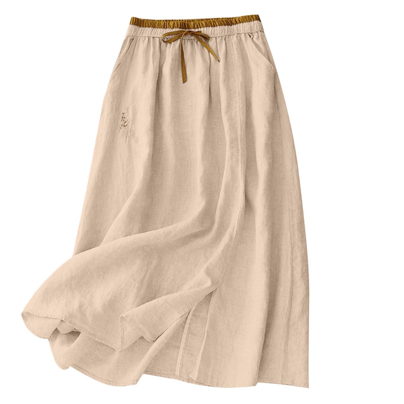 

Women s Solid Color Cotton And Linen Half Skirt Casual Mid Length Elastic Casual Half Skirt XXL