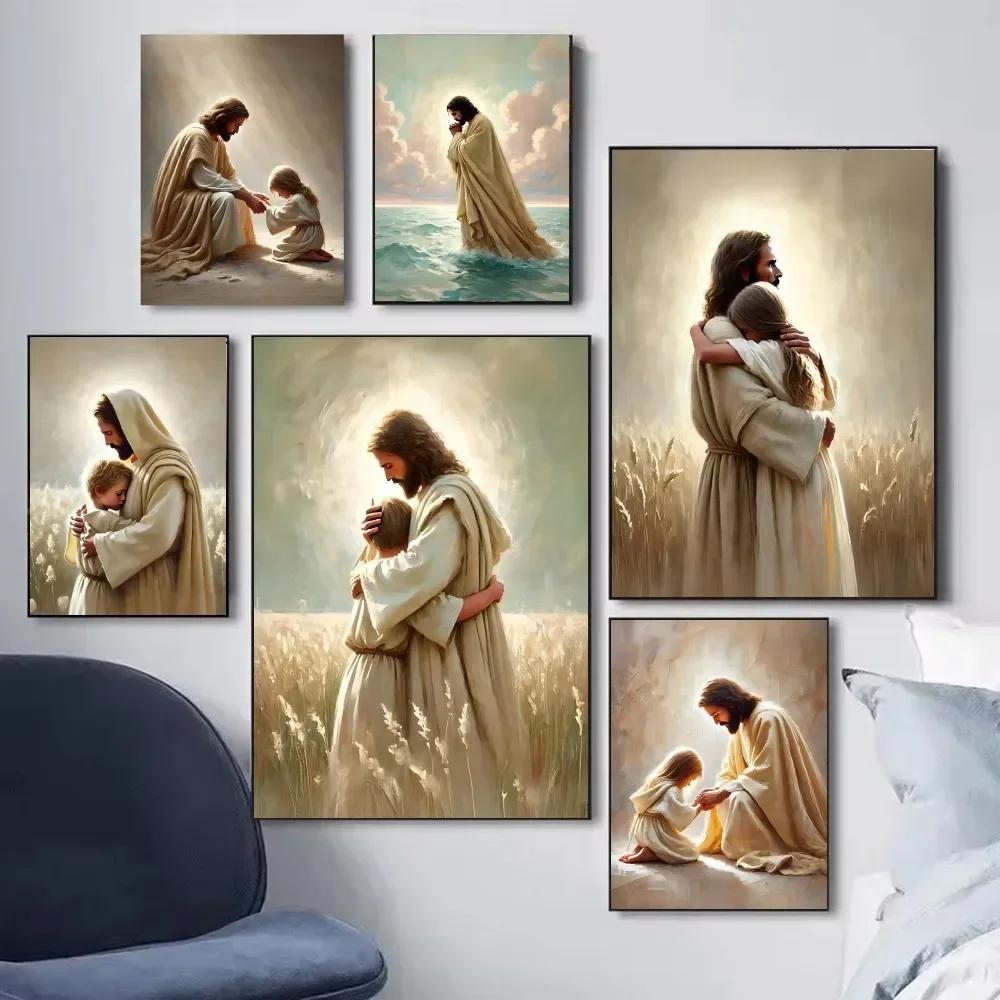 Jezus God Lam Engel Jongen Meisjes Bidden Bijbel Minimalistische Esthetiek Print Canvas Schilderij voor Woonkamer Moderne Woondecoratie