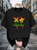 200g 100% Cotton Short Sleeve T-shirt with Vibrant Rainbow Dripping Paint Print - Black Casual Summer Tee