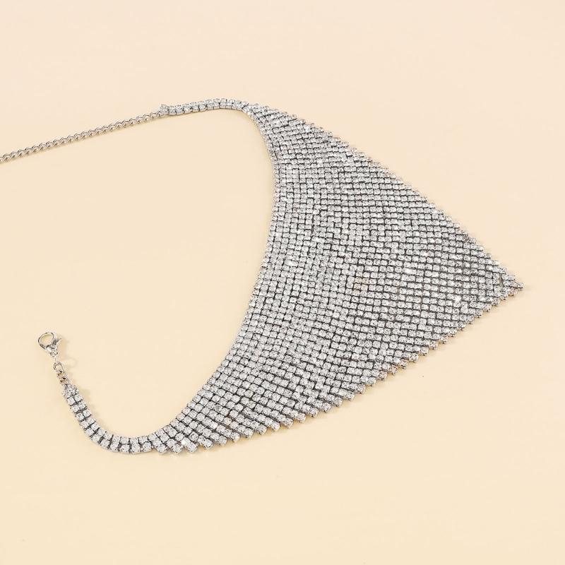 Retro Multi-row Flash Diamonds Bib Necklace Exaggerated Geometric Triangle Full Rhinestones Clavicle Chain for Female