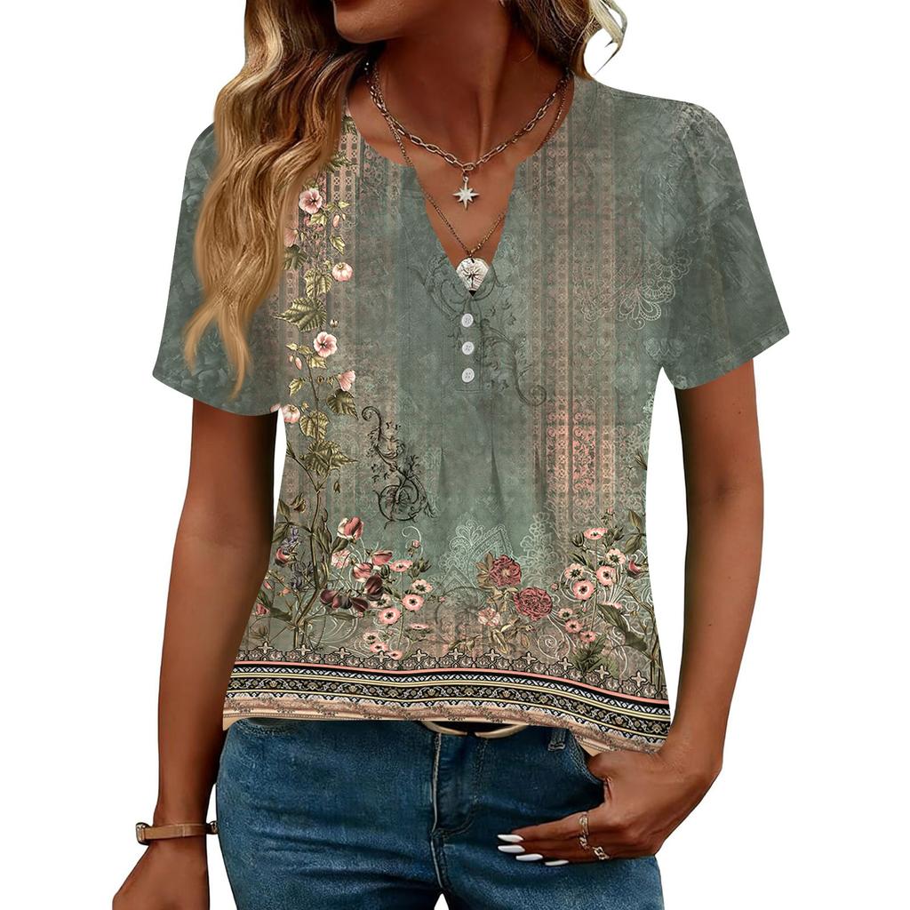 Damen Oberteile Festlich Lässig V-Ausschnitt Kurzarm Hemden Plissierte Blusen Knopfleiste Tunika