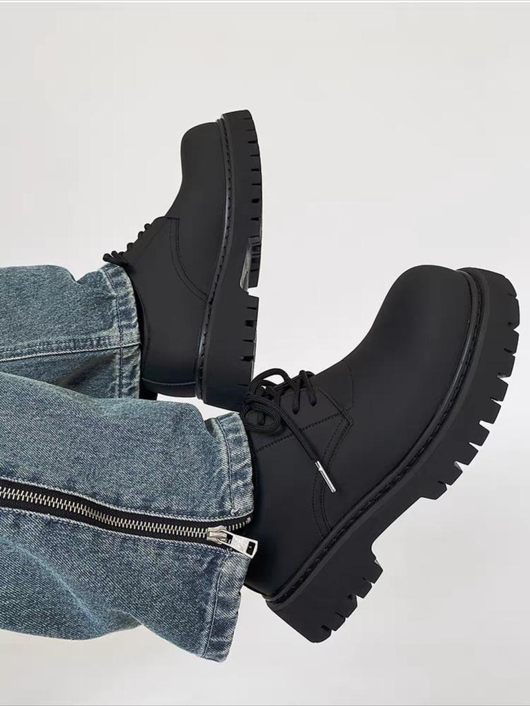 Men's Leather Shoes Black Thick Sole Round Toe Platform Male Casual Derby Shoe Cowhide Classic Original Legitimate Designer Pu