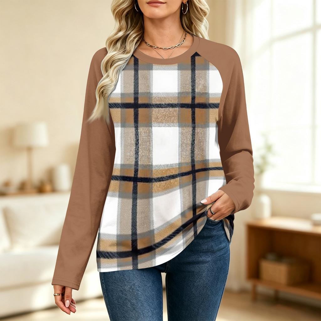 Women's Fashion Printed Long Sleeve Neck Raglan Sweatshirt with Color Block