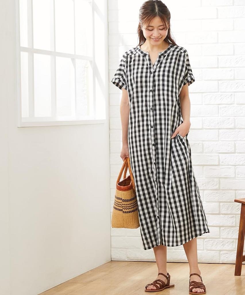 Nissen Shirt with Waist Ribbon and Beige Maternity Size 3L Women's Maternity/Nursing Dress, Yarn-Dyed Short-Sleeve (Pre- Postpartum), (Gingham),