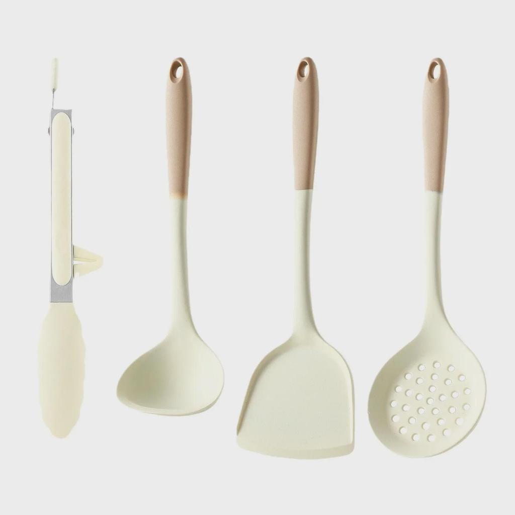 4-Piece Silicone Cooking Set: Spatula, Food Clip, Soup Spoon, Non-Stick. Perfect for Household Kitchenware.