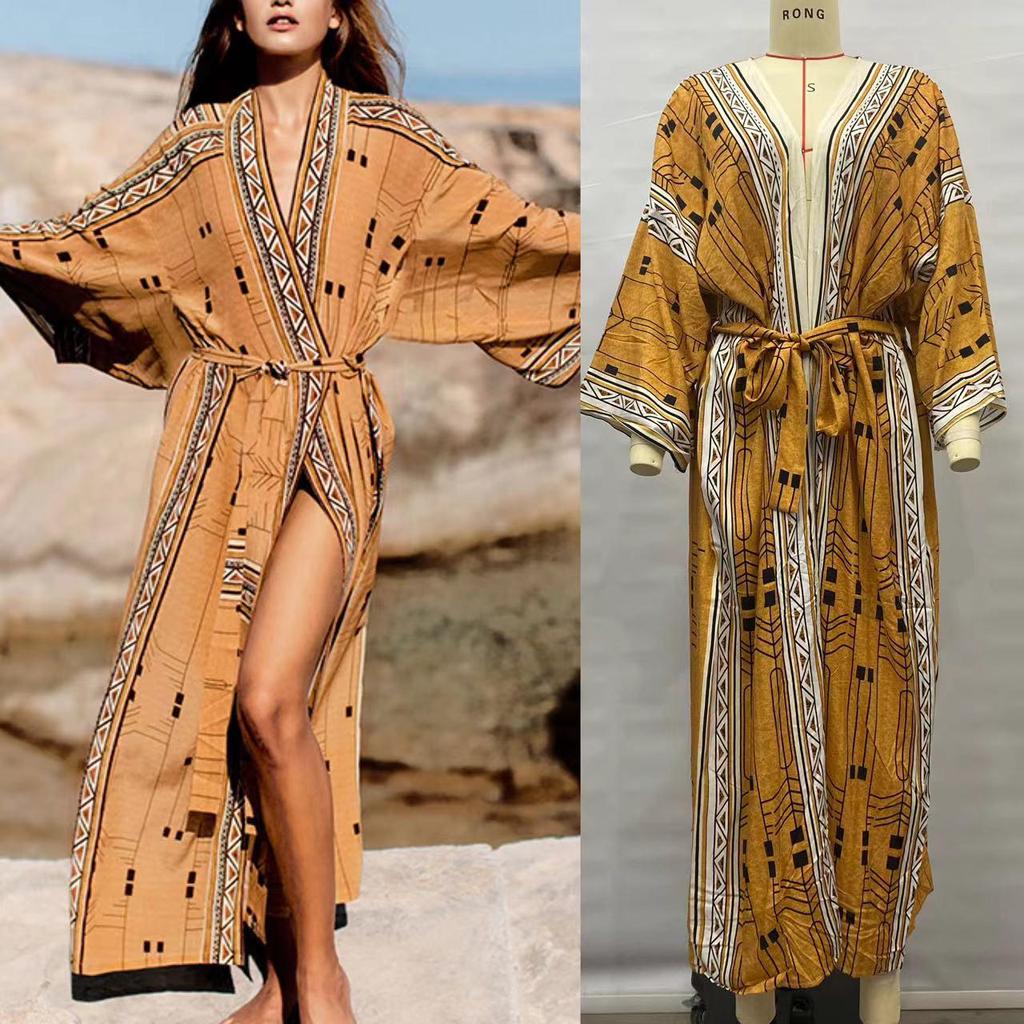 Viskose-Print Urlaubskimono-Cardigan: Long Beach Cover-Up mit Sonnenschutz