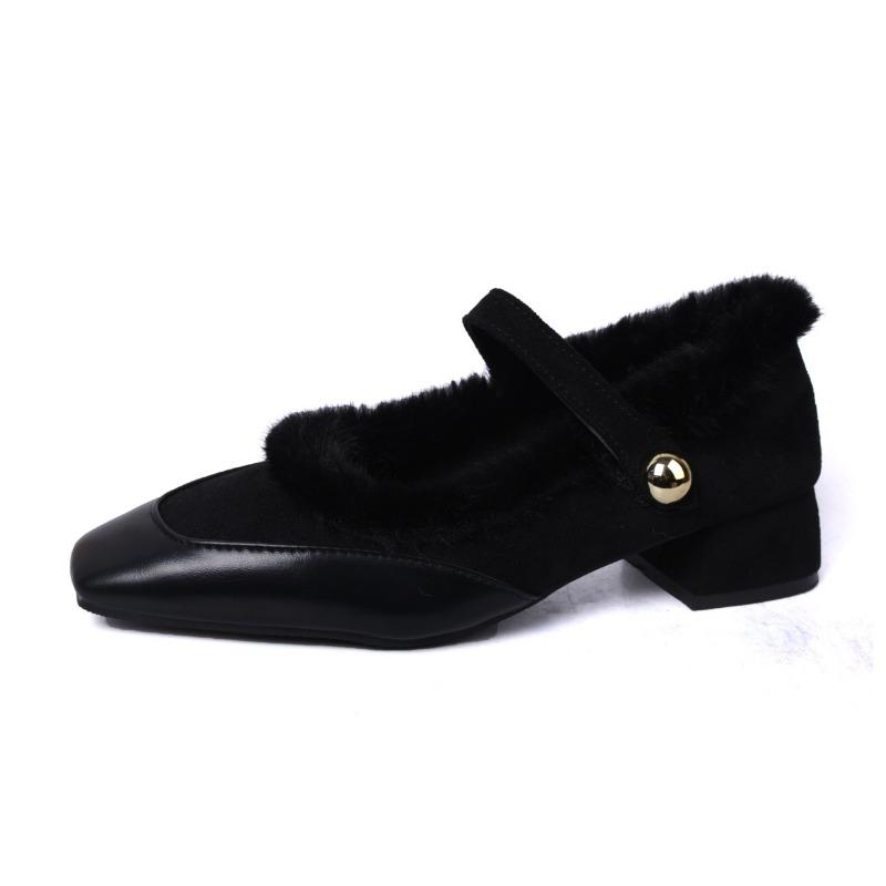 New autumn and winter thick heel velvet Mary Jane single shoes women's shoes evening gentle fluffy shoes