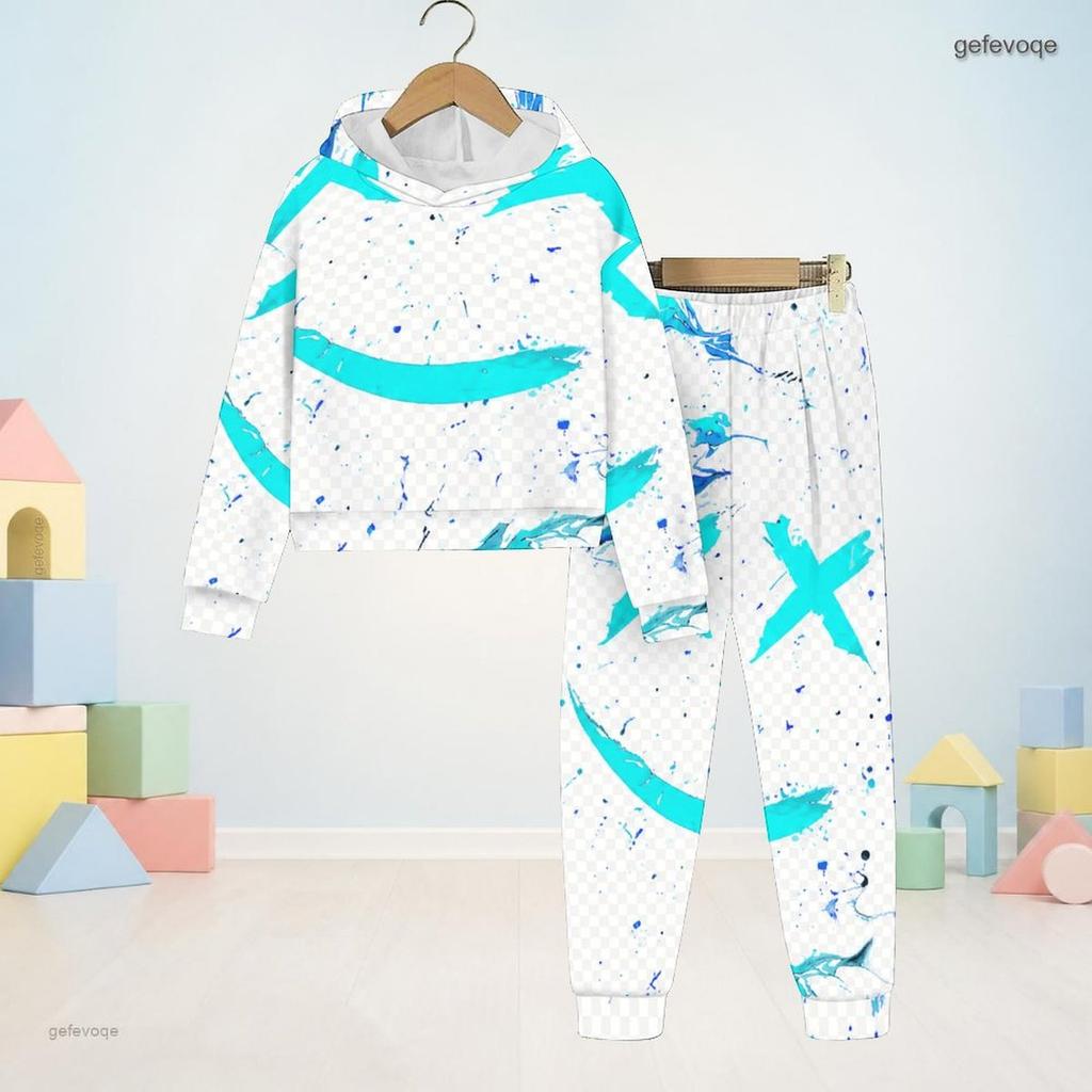 Kids Printed Hooded Long Sleeve Sweatshirt Cuffed Pants Two Piece Set Blue Pink White