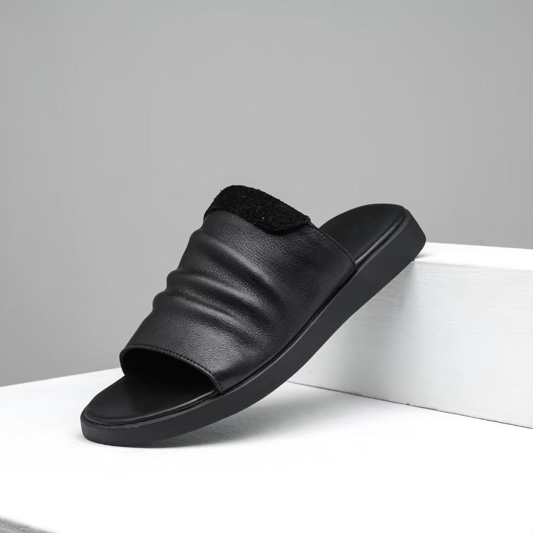 2026 Men s Breathable Genuine Leather Thong Sandals - Youth Korean & British Style Fashion Slippers 41 чёрный