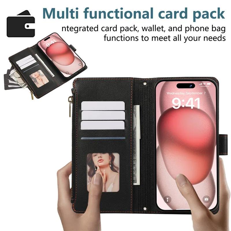Long Lanyard Zipper Wallet Card Phone Case For iPhone 17 Pro Max Air 16E 16 Plus 15 14 13 12 11 XS XR X Flip Leather Cover Coque