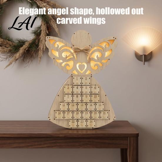 Advent Calendar for Candy Wooden Angel Christmas with 24 Storage Drawers Countdown Holiday to Tabletop Decoration Winter Party Favors LED Lighted