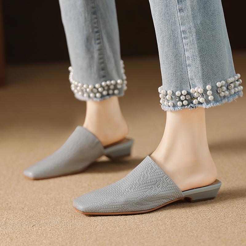 Fashion 2025 Summer Women Shoes Genuine Leather Square Toe Women Sandals Solid Modern Sandals for Women Chunky Heel Women's Mules Shoes
