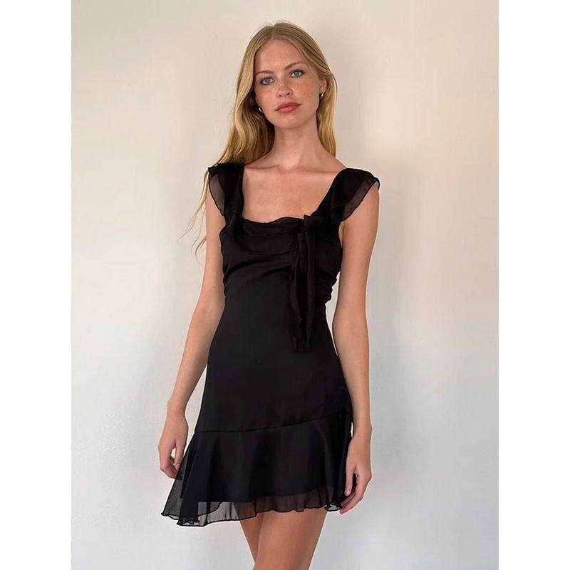 

Double-Layer Square Collar Sling Dress Sexy Backless Mesh Black S