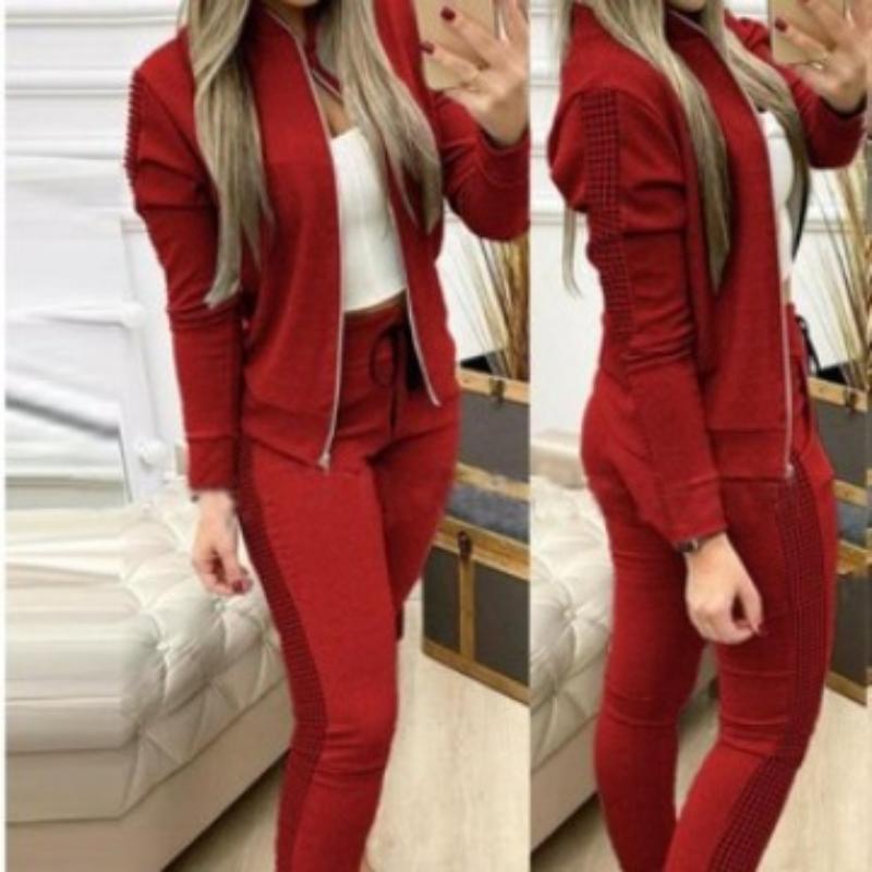 Autumn   Women's Long Sports Leisure Suit - Zipper-Trimmed Patchwork Plaid Set