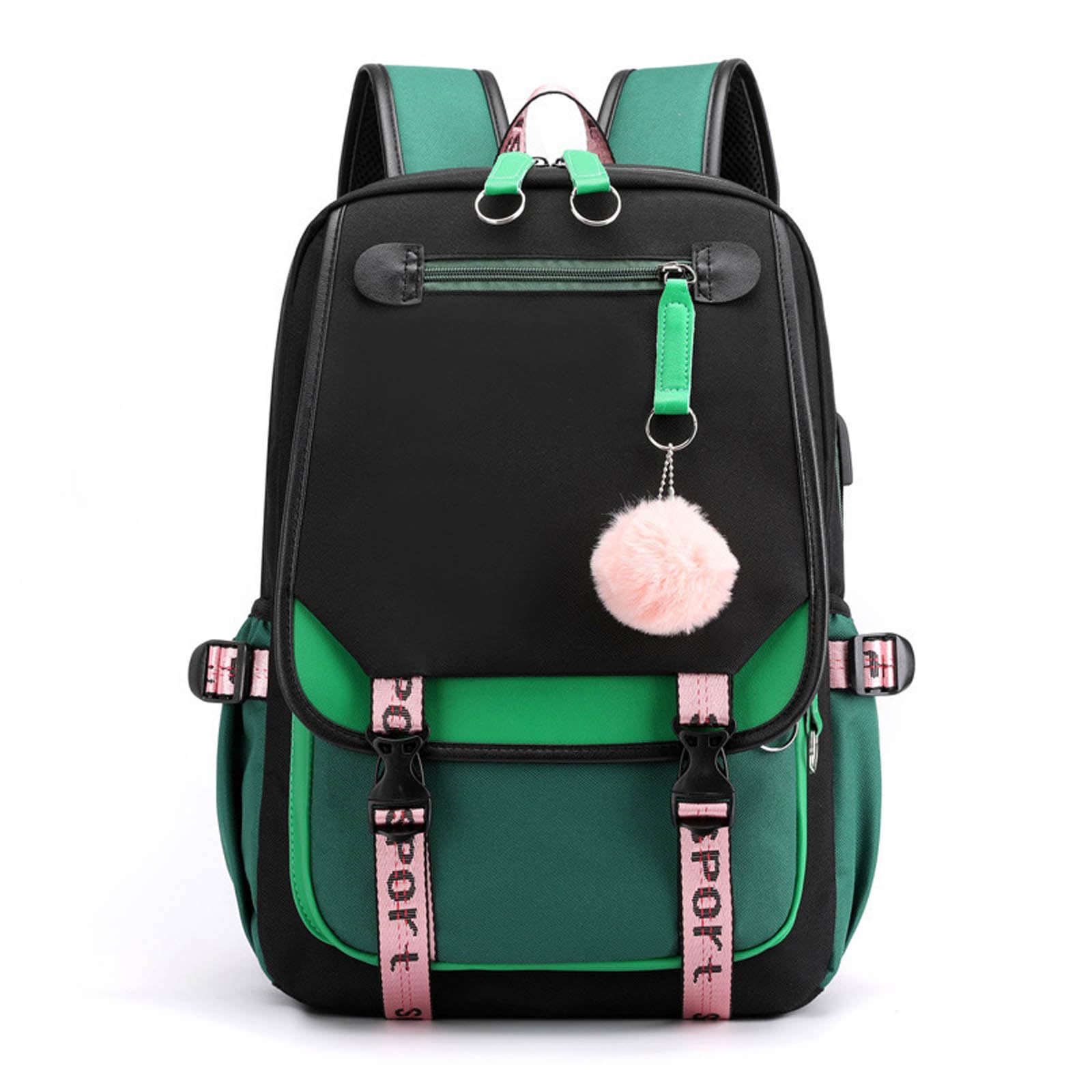 

FANDARE Women s Cute Backpack with Fur Ball Charm, USB Charging Port, Earphone Hole, Compatible with 15.6-inch PCs, Large Capacity, Multifunctional