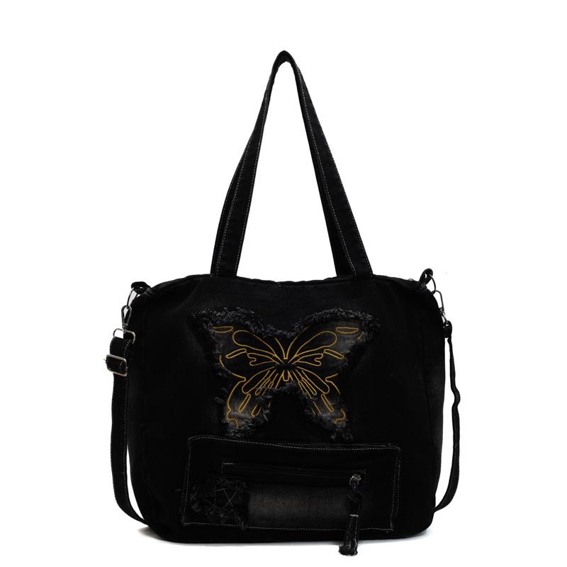 New fashionable large-capacity contrasting color washed denim versatile casual ins wind shoulder portable student commuting bag